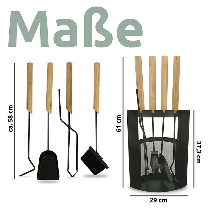 holz4home Kaminholzregal -  - Kamingarnitur: Das Set beinhaltet Schaufel, Besen, Schürhaken und Zange, komplett mit einem eleganten Ständer zur Aufbewahrung.