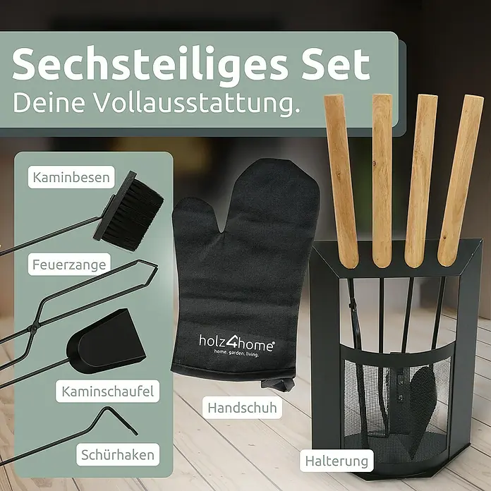 holz4home Kaminholzregal -  - Sechsteiliges Kaminbesteck-Set mit Kaminbesen, Feuerzange, Schaufel, Schürhaken, Handschuh und Halterung für die Kaminausstattung.