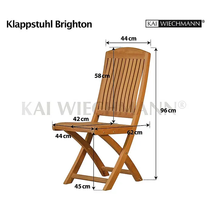 Kai Wiechmann Gartenstuhl - Teakholz, Klappbar, Naturbelassen, B x T x H: 44 x 62 x 96 cm - Abbildung eines Klappstuhls "Brighton" aus Holz mit den Maßangaben Höhe, Breite und Tiefe.
