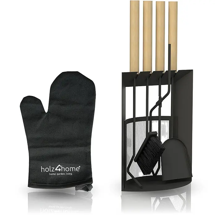 holz4home Kaminholzregal -  - Holz4home Kaminbesteckset mit Ofenhandschuh, bestehend aus Schaufel, Besen, Schürhaken und Zange für eine einfache Kaminreinigung und Handhabung.