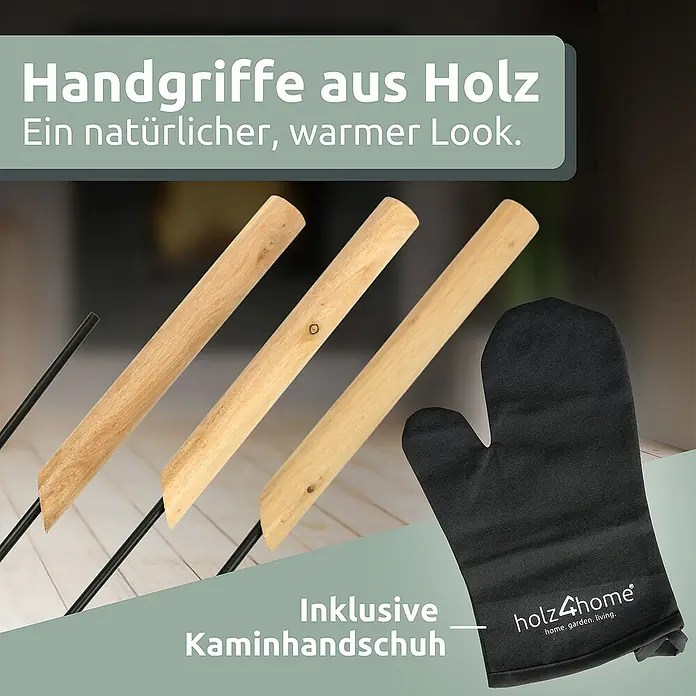 holz4home Kaminholzregal -  - Produktbild mit Holzgriffen und einem Kaminhandschuh von Holz4home.