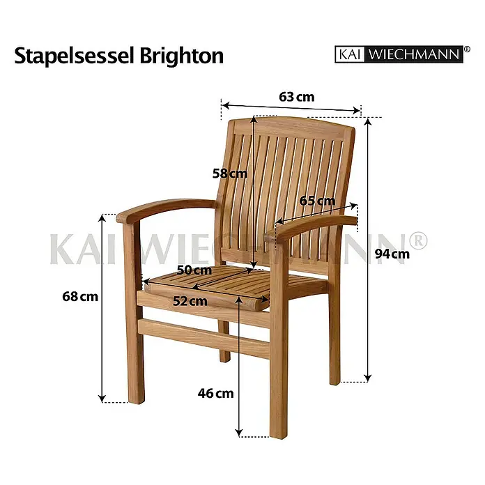 Kai Wiechmann Gartensessel - Teakholz, Stapelbar, Naturbelassen, B x T x H: 63 x 65 x 94 cm - Abbildung eines Stapelsessels Brighton mit detaillierten Maßangaben für den Online-Shop.