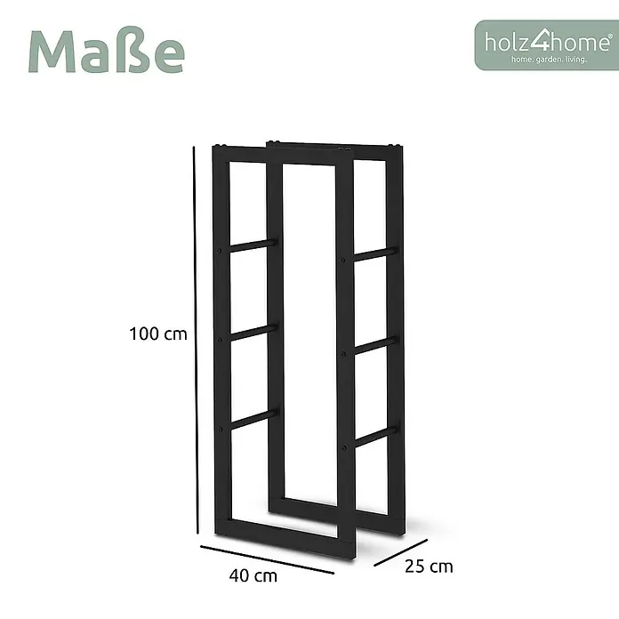 holz4home Kaminholzregal -  - Produktfoto eines schwarzen Holzregals mit den Maßen 100x40x25 cm für den Innenbereich von holz4home.