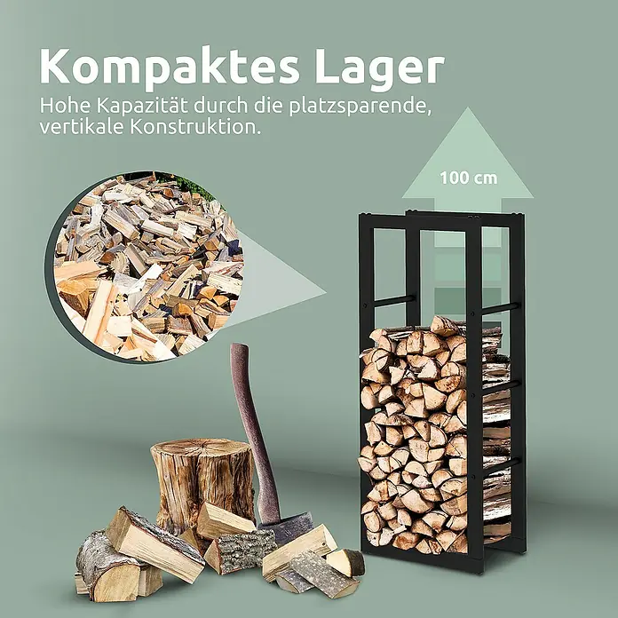holz4home Kaminholzregal -  - Kompaktes, schwarzes Kaminholzregal mit Holzscheiten gefüllt, daneben ein Hackklotz mit Axt und Holzstücke.