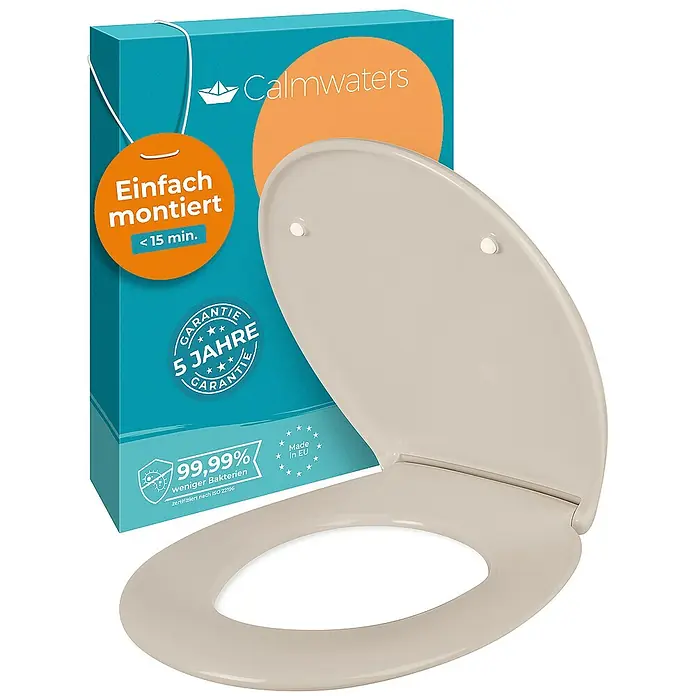 Calmwaters WC-Sitz Original - Duroplast, Beige, Mit Absenkautomatik - Bild eines Calmwaters WC-Sitzes mit Produktverpackung. Der WC-Sitz ist beige und hat eine Garantie von 5 Jahren.