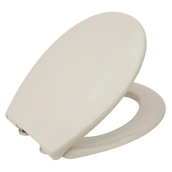 Calmwaters WC-Sitz Original - Duroplast, Beige, Mit Absenkautomatik - Cremefarbener Toilettensitz mit Deckel, glatter Oberfläche und sichtbaren Metallscharnieren.