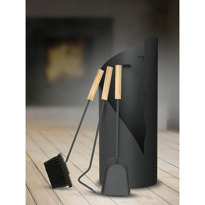 holz4home Kaminholzregal -  - Kaminbesteck aus Metall mit Holzgriffen, bestehend aus Schaufel, Besen und Schürhaken, für eine stilvolle Kaminpflege.