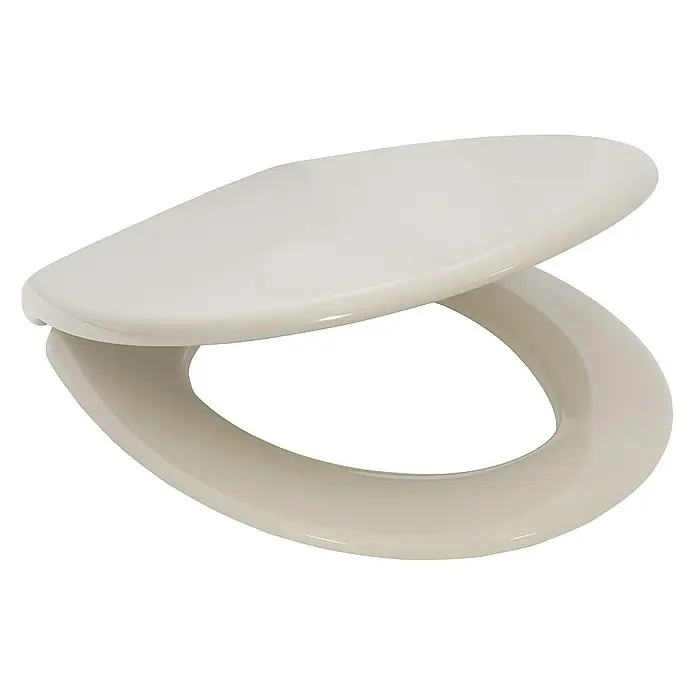 Calmwaters WC-Sitz Original - Duroplast, Beige, Mit Absenkautomatik - Abbildung eines beigen Toilettensitzes mit Deckel, der leicht geöffnet ist, auf einem weißen Hintergrund. Der Toilettendeckel ist aus robustem Kunststoff.