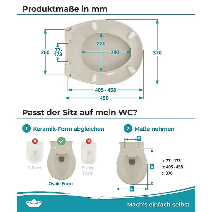 Calmwaters WC-Sitz Original - Duroplast, Beige, Mit Absenkautomatik - Produktmaße in mm: Eine detaillierte Zeichnung eines beigen WC-Sitzes mit Maßangaben zur korrekten Installation.