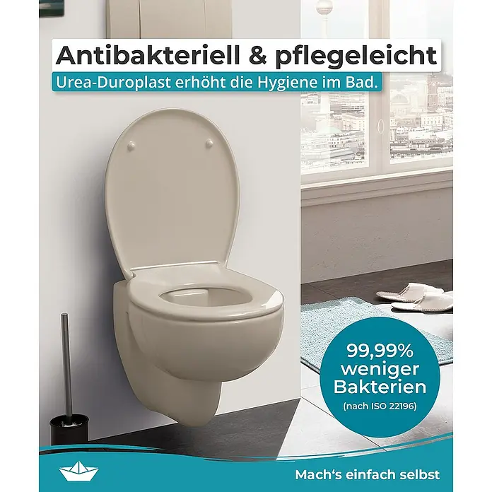 Calmwaters WC-Sitz Original - Duroplast, Beige, Mit Absenkautomatik - Das Bild zeigt eine wandhängende Toilette aus Urea-Duroplast, die antibakteriell und pflegeleicht ist. Sie sorgt für mehr Hygiene im Badezimmer.
