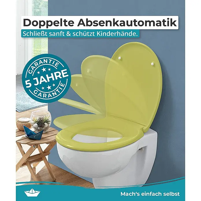 Calmwaters WC-Sitz Original - Duroplast, Grün, Mit Absenkautomatik - Ein gelber Toilettensitz mit Absenkautomatik, der sanft schließt und Kinderhände schützt, mit 5 Jahren Garantie.