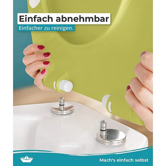 Calmwaters WC-Sitz Original - Duroplast, Grün, Mit Absenkautomatik - Nahaufnahme des Toilettensitzes mit abnehmbarer Funktion, der eine einfache Reinigung ermöglicht.