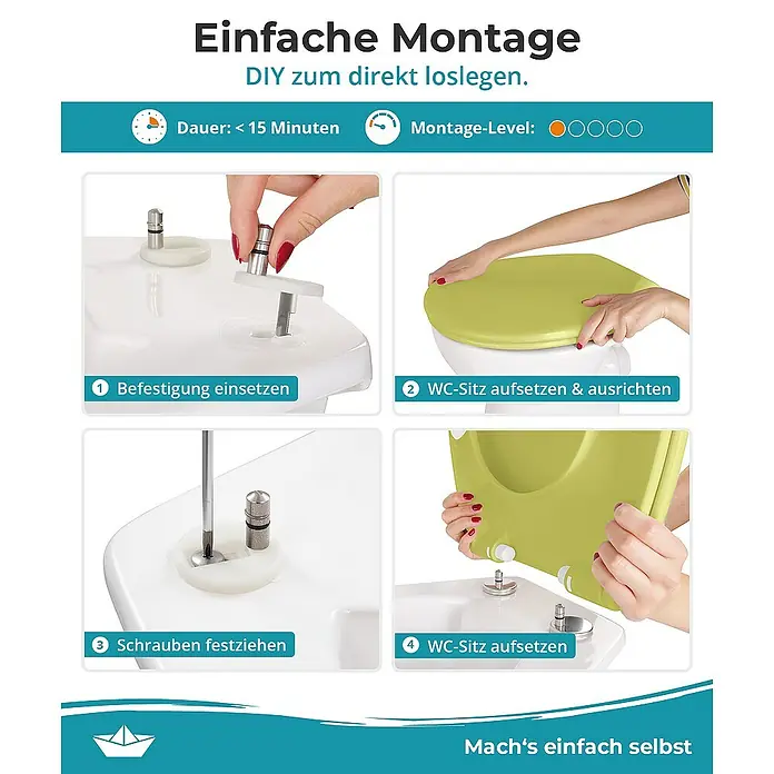 Calmwaters WC-Sitz Original - Duroplast, Grün, Mit Absenkautomatik - Bild einer Montageanleitung für einen WC-Sitz. Einfache Montage mit wenigen Schritten.