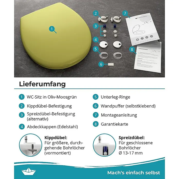 Calmwaters WC-Sitz Original - Duroplast, Grün, Mit Absenkautomatik - Produktbild: Ein olivgrüner WC-Sitz mit Montagezubehör wie Befestigungen, Unterlegscheiben, Wandpuffer und Anleitungen.