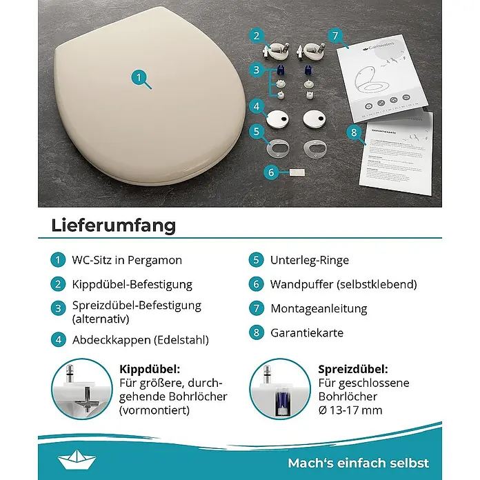 Calmwaters WC-Sitz Original - Duroplast, Beige, Mit Absenkautomatik - Bild zeigt einen Toilettensitz in Pergamon mit Befestigungsmaterial, Montageanleitung und Garantiekarte für die Installation.