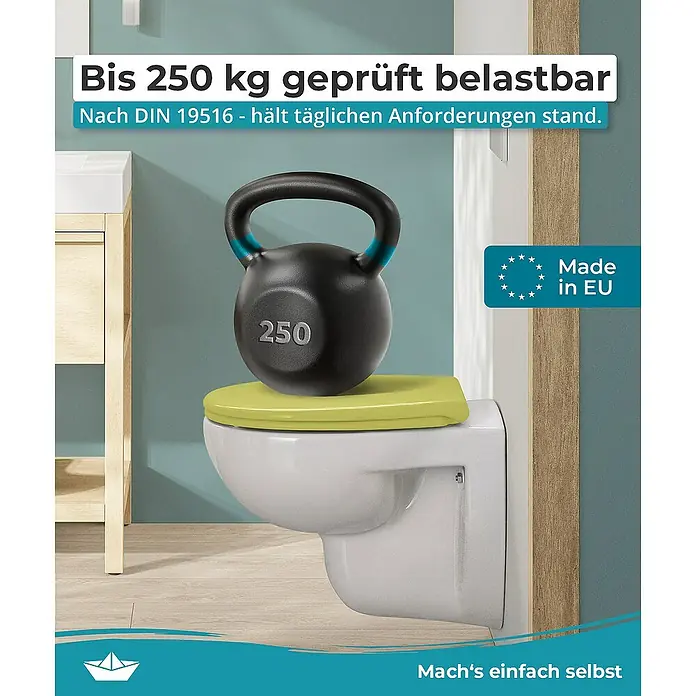 Calmwaters WC-Sitz Original - Duroplast, Grün, Mit Absenkautomatik - Das Bild zeigt eine Toilette, die mit einem Gewicht von 250 kg belastet wird. Die Toilette ist weiß und hat einen gelben Toilettensitz.