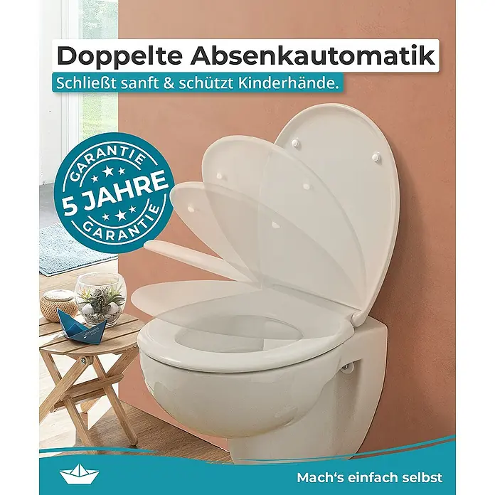 Calmwaters WC-Sitz Original - Duroplast, Beige, Mit Absenkautomatik - Das Bild zeigt eine Nahaufnahme einer Toilette mit Absenkautomatik und 5 Jahre Garantie.