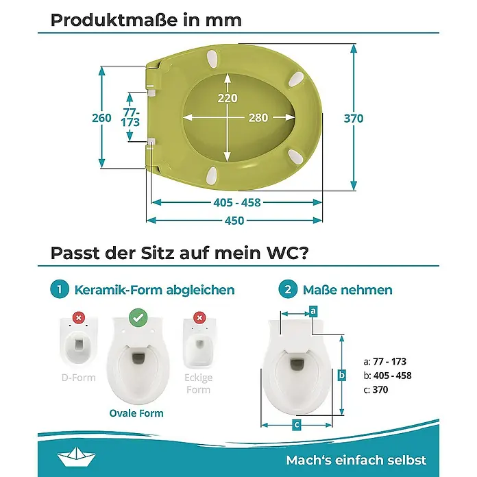Calmwaters WC-Sitz Original - Duroplast, Grün, Mit Absenkautomatik - Produktmaße für einen WC-Sitz in mm. Überprüfen Sie die Form und Maße, um sicherzustellen, dass der Sitz auf Ihre Toilette passt.