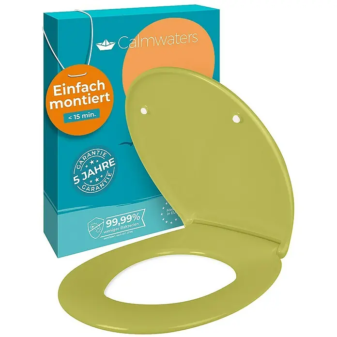 Calmwaters WC-Sitz Original - Duroplast, Grün, Mit Absenkautomatik - Ein lindgrüner Calmwaters Toilettensitz mit Produktverpackung im Hintergrund.