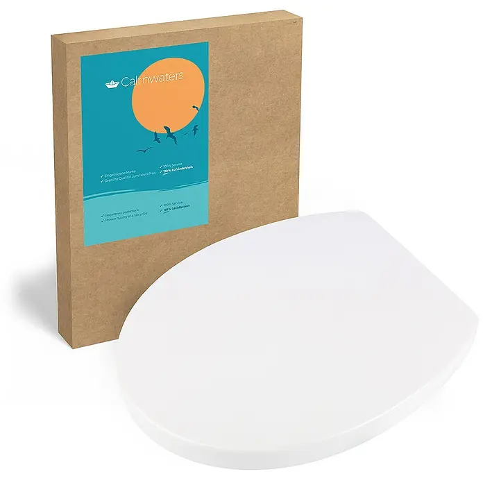 Calmwaters WC-Sitz Modern Soft - Duroplast, Weiß, Mit Absenkautomatik - Das Bild zeigt einen weißen WC-Sitz von Calmwaters mit zugehöriger Verpackung, die Qualität und Kundenzufriedenheit hervorhebt.