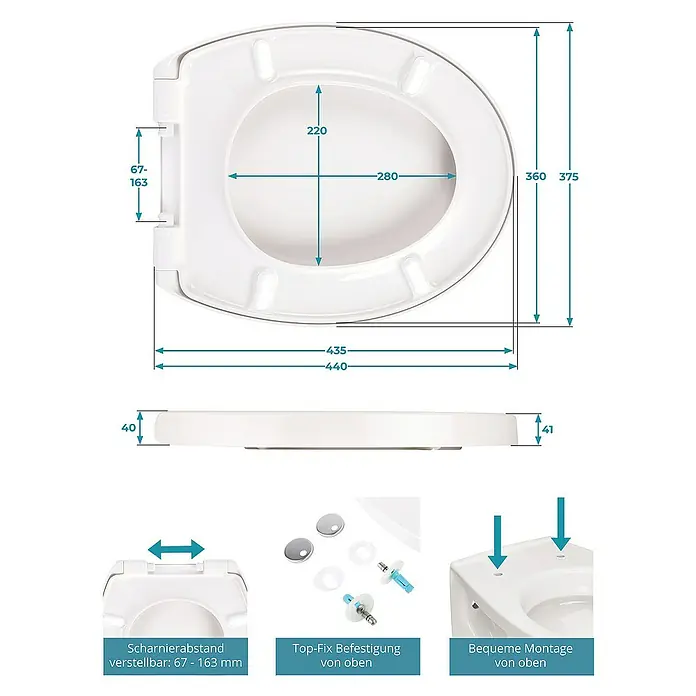 Calmwaters WC-Sitz Modern Soft - Duroplast, Weiß, Mit Absenkautomatik - Abbildung eines Toilettendeckels mit Bemaßungen und Details zur Befestigung, die die Installation und die Produktabmessungen veranschaulichen.