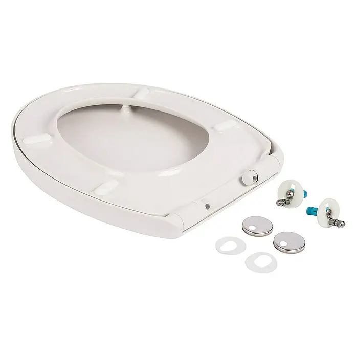 Calmwaters WC-Sitz Modern Soft - Duroplast, Weiß, Mit Absenkautomatik - Nahaufnahme eines weißen Toilettensitzes mit dazugehörigen Installationsmaterialien wie Schrauben und Abdeckungen.