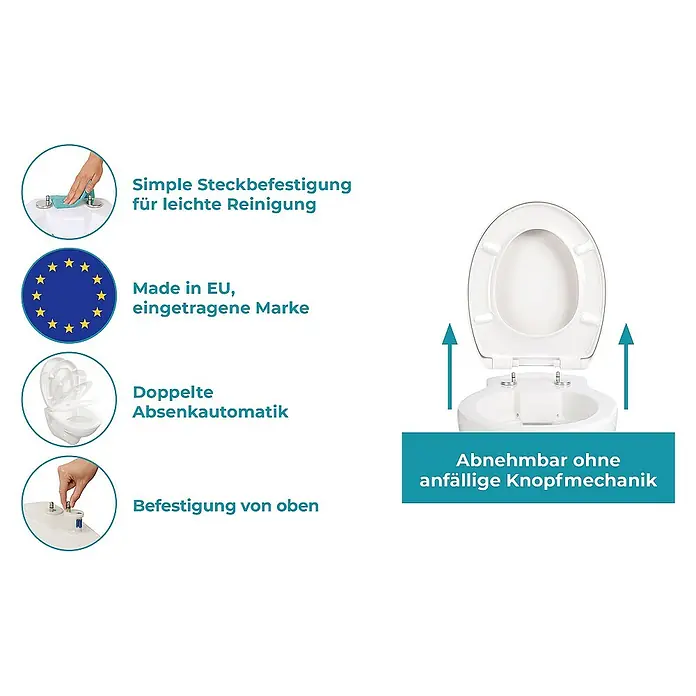 Calmwaters WC-Sitz Modern Soft - Duroplast, Weiß, Mit Absenkautomatik - Dieses Bild zeigt einen Toilettensitz mit verschiedenen Funktionen, darunter einfache Befestigung und Absenkautomatik.