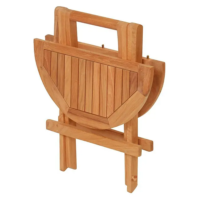 Kai Wiechmann Garten-Beistelltisch - Teakholz, Klappbar, Rund, Naturbelassen - Zusammengeklappter, tragbarer Holztisch mit halbkreisförmiger Tischplatte und Tragegriff für einfachen Transport.