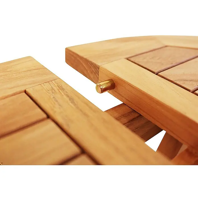 Kai Wiechmann Garten-Beistelltisch - Teakholz, Klappbar, Rund, Naturbelassen - Detailansicht eines Teakholztisches mit ausziehbarer Funktion, die die hochwertige Verarbeitung und das natürliche Material hervorhebt.