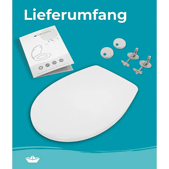 Calmwaters WC-Sitz Rezyklat - Kunststoff, Weiß, Mit Absenkautomatik - Lieferumfang: Ein weisser Toilettendeckel mit Befestigungsmaterial und einer Bedienungsanleitung von Calmwaters auf blauem Hintergrund.