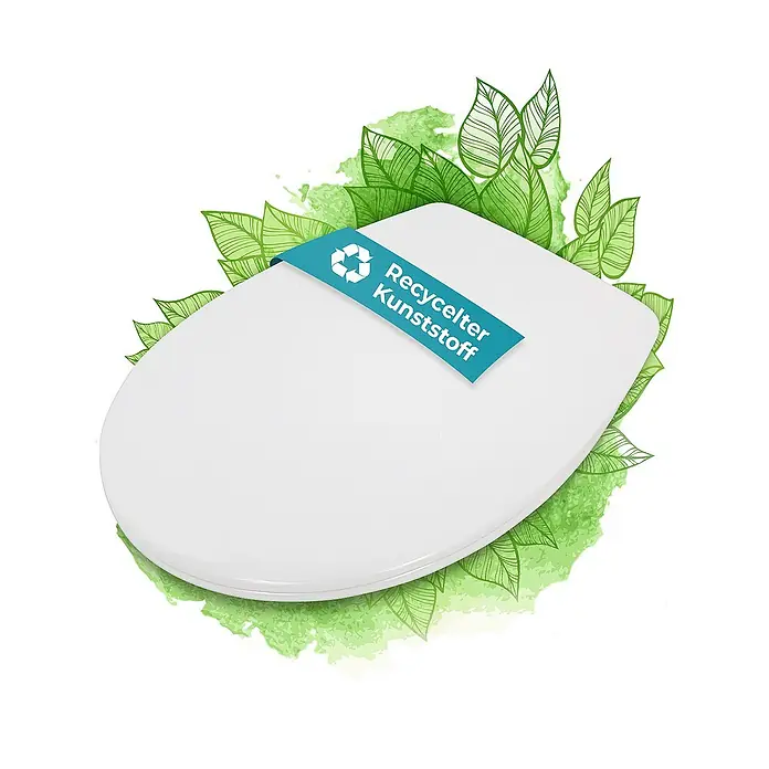Calmwaters WC-Sitz Rezyklat - Kunststoff, Weiß, Mit Absenkautomatik - Recycelter Kunststoffsitz mit grünen Blättern. Umweltfreundliches Produkt aus wiederverwertbaren Materialien.