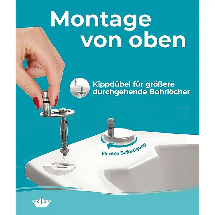 Calmwaters WC-Sitz Rezyklat - Kunststoff, Weiß, Mit Absenkautomatik - Bild zeigt eine Montageanleitung für ein WC-Sitz mit flexibler Befestigung und Kippdübel für größere Bohrlöcher.
