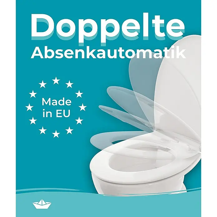 Calmwaters WC-Sitz Rezyklat - Kunststoff, Weiß, Mit Absenkautomatik - Eine Nahaufnahme eines Toilettensitzes mit Absenkautomatik, hervorgehoben durch Sterne und den Hinweis "Made in EU".