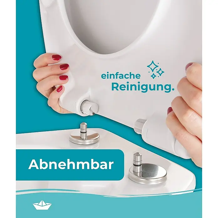 Calmwaters WC-Sitz Rezyklat - Kunststoff, Weiß, Mit Absenkautomatik - Bild eines abnehmbaren WC-Sitzes zur einfachen Reinigung, hervorgehoben durch Hände, die ihn halten.