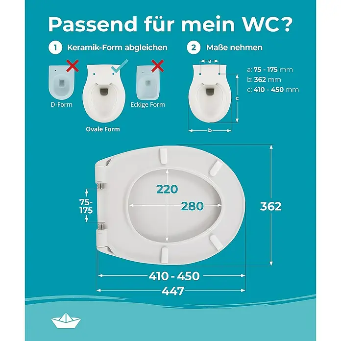 Calmwaters WC-Sitz Rezyklat - Kunststoff, Weiß, Mit Absenkautomatik - Abbildung eines Toilettensitzes mit Maßangaben zur Bestimmung der Passform für verschiedene WC-Keramikformen.