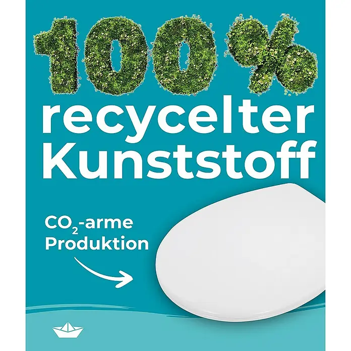 Calmwaters WC-Sitz Rezyklat - Kunststoff, Weiß, Mit Absenkautomatik - Bild eines Produkts aus 100% recyceltem Kunststoff, CO2-armer Produktion und einem weißen Toilettensitz.