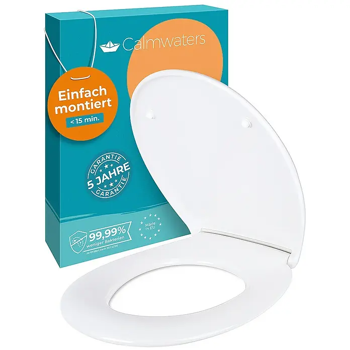 Calmwaters WC-Sitz Original - Duroplast, Weiß, Mit Absenkautomatik - Ein weißer Calmwaters WC-Sitz mit Deckel vor einer türkisfarbenen Verpackung mit orangen Details.