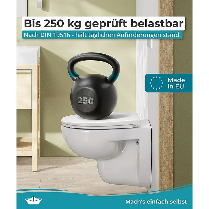 Calmwaters WC-Sitz Original - Duroplast, Weiß, Mit Absenkautomatik - Das Bild zeigt eine weiße Toilette, die mit einem 250 kg schweren Gewicht belastet wird, um ihre Stabilität und Belastbarkeit zu demonstrieren.
