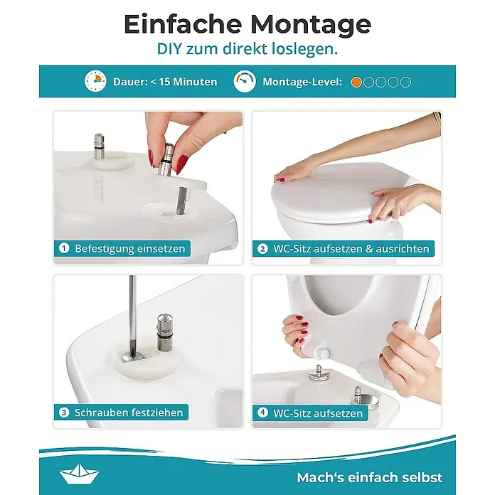 Calmwaters WC-Sitz Original - Duroplast, Weiß, Mit Absenkautomatik - Bild zeigt die Montageanleitung eines WC-Sitzes. Einfache Montage mit wenigen Schritten.