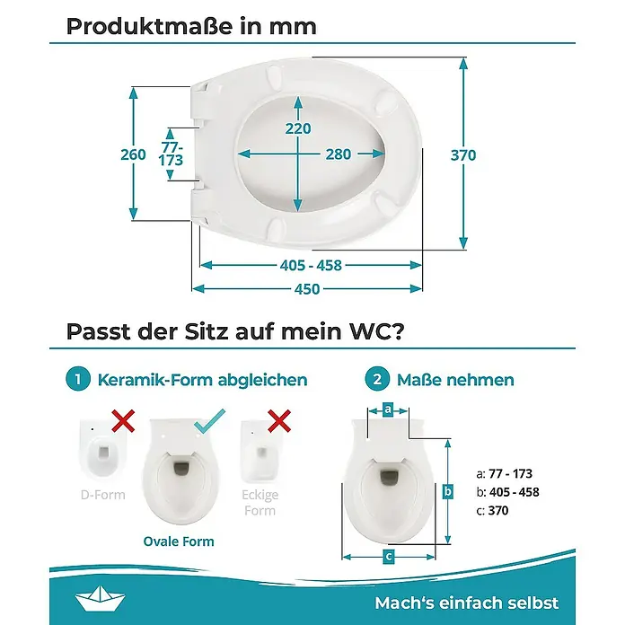 Calmwaters WC-Sitz Original - Duroplast, Weiß, Mit Absenkautomatik - Produktmaße des WC-Sitzes in mm und eine Anleitung zur Bestimmung, ob der Sitz auf Ihre Toilette passt.