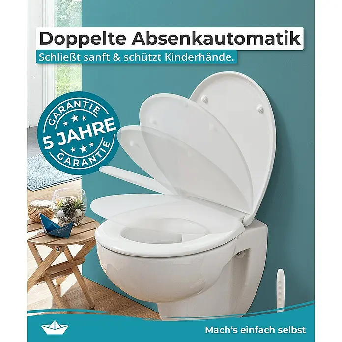 Calmwaters WC-Sitz Original - Duroplast, Weiß, Mit Absenkautomatik - Das Bild zeigt eine Toilette mit Absenkautomatik, die sanft schließt und Kinderhände schützt. 5 Jahre Garantie.