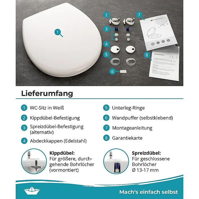 Calmwaters WC-Sitz Original - Duroplast, Weiß, Mit Absenkautomatik - Bild einer WC-Sitzgarnitur in Weiß mit Zubehör und Anleitungen, ideal für Badezimmer.