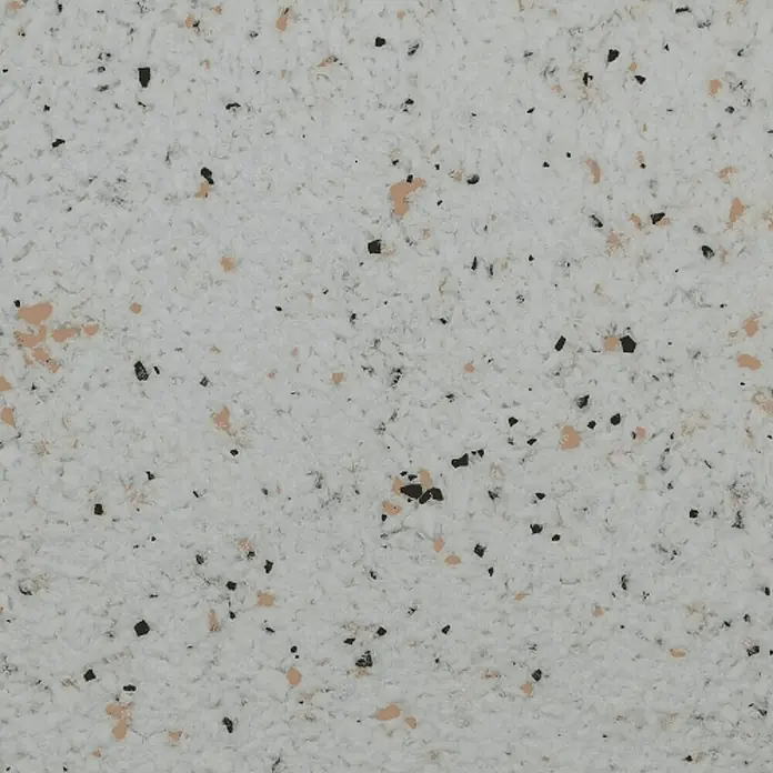 Floxxan Baumwollputz California 202 - Putz Tapete Flüssigtapete Weis m. Farbchips Beige u. Braun - Weis mit Farbchips Beige und Braun, 1 kg, Lösemittelfrei - Nahaufnahme einer Strukturputzfläche in Weiß mit Akzenten in Schwarz und Orange. Perfekt für moderne Wandgestaltungen.