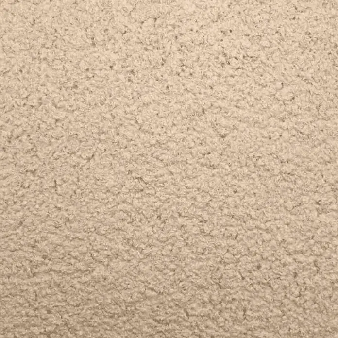 Floxxan Baumwollputz Colorado 106 - Putz Tapete Flüssigtapete Pfirsich - Pfirsich, 1 kg, Lösemittelfrei - Nahaufnahme eines weichen, beigefarbenen Bouclé-Stoffes, ideal für Textilien und Polster, mit einer unregelmäßigen, schlingenförmigen Textur.