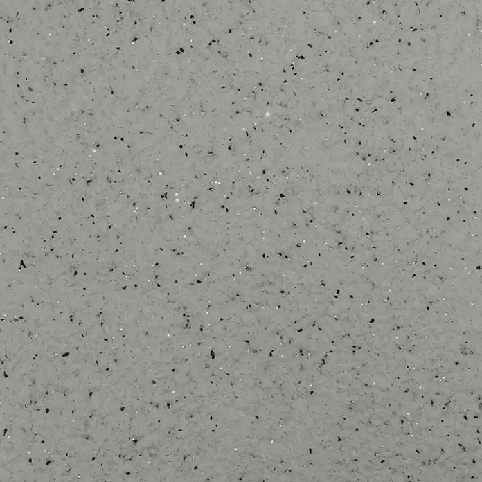 Floxxan Baumwollputz California 204 - Putz Tapete Flüssigtapete Weis m. Basalt u. Silberglimmer - Weis, 1 kg, Lösemittelfrei - Nahaufnahme einer grauen Arbeitsplatte mit schwarzen und glitzernden Sprenkeln, die eine robuste und moderne Textur zeigt.
