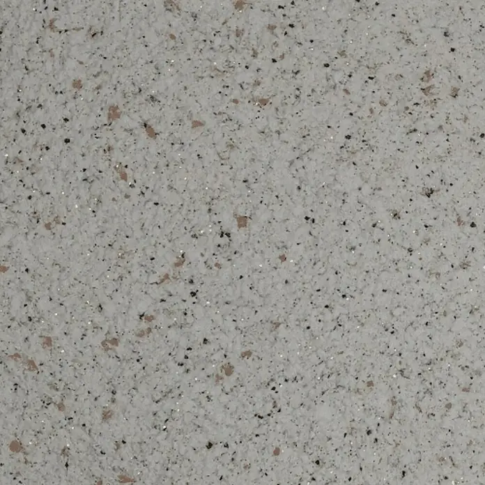 Floxxan Baumwollputz Baumwollputz California 203 - Weis m. Farbchips Putz Tapete Flüssigtapete - Weiss mit Farbchips Beige u. Braun, 1 kg, Lösemittelfrei - Nahaufnahme einer Textur mit kleinen, unregelmäßigen Partikeln in Grau-, Schwarz- und Beigetönen, ideal für Hintergründe.