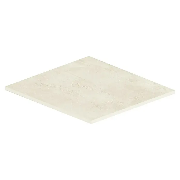 Atlas Concorde Solution Feinsteinzeugfliese Kaleidos White - 60 x 60 cm, Weiß, Matt - Nahaufnahme einer einzelnen hellbeigen Keramikfliese mit einer subtilen Textur, die auf einer dunklen Oberfläche liegt.