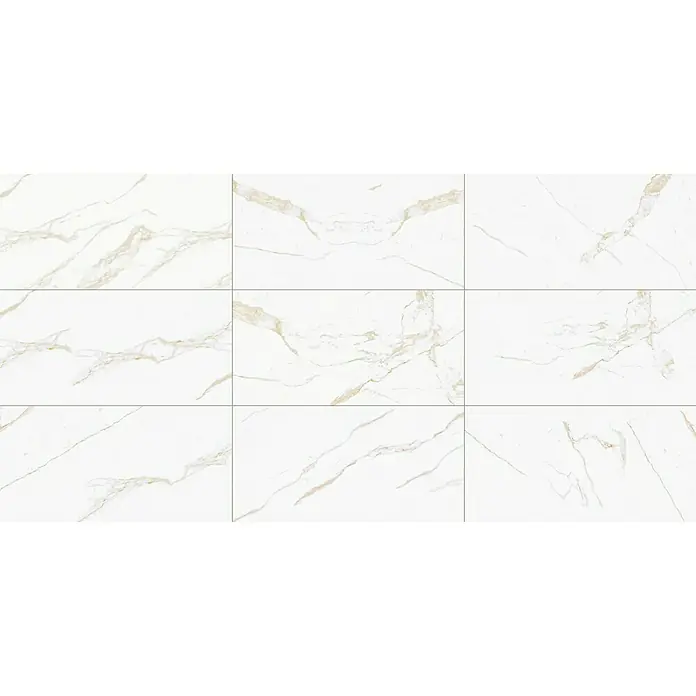 Atlas Concorde Solution Marble Vison Feinsteinzeugfliese Calacatta Caldo - 60 x 120 cm, Weiß, Glänzend - Hochauflösende Aufnahme von neun weißen Marmorfliesen mit zarten goldenen Adern, ideal für elegante Innenräume und luxuriöse Designs.