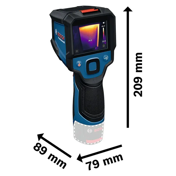 Bosch Professional Wärmebildkamera GTC 12V-450-13 - -20 °C - 450 °C - Abbildung einer Bosch Wärmebildkamera mit Messungen der Abmessungen zur Darstellung von Größe und Bauform.