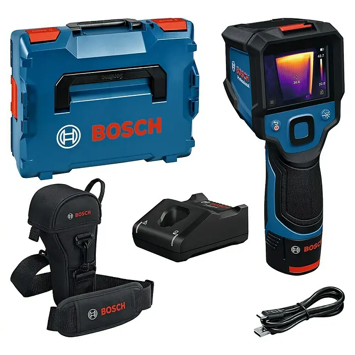 Bosch Professional Wärmebildkamera GTC 12V-450-13 - -20 °C - 450 °C - Bosch Messtechnik: Eine Thermalkamera mit Zubehör in einer blauen Aufbewahrungsbox.